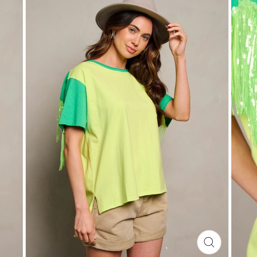 FANTASTIC FAWN Lime Green Colorblock Top With Sequin Fringe VARIOUS - Picture 1 of 4